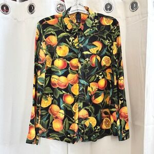 H&M Orange Citrus Print Button Up Shirt Men Medium Aloha Tiki Fruit Casual 19698